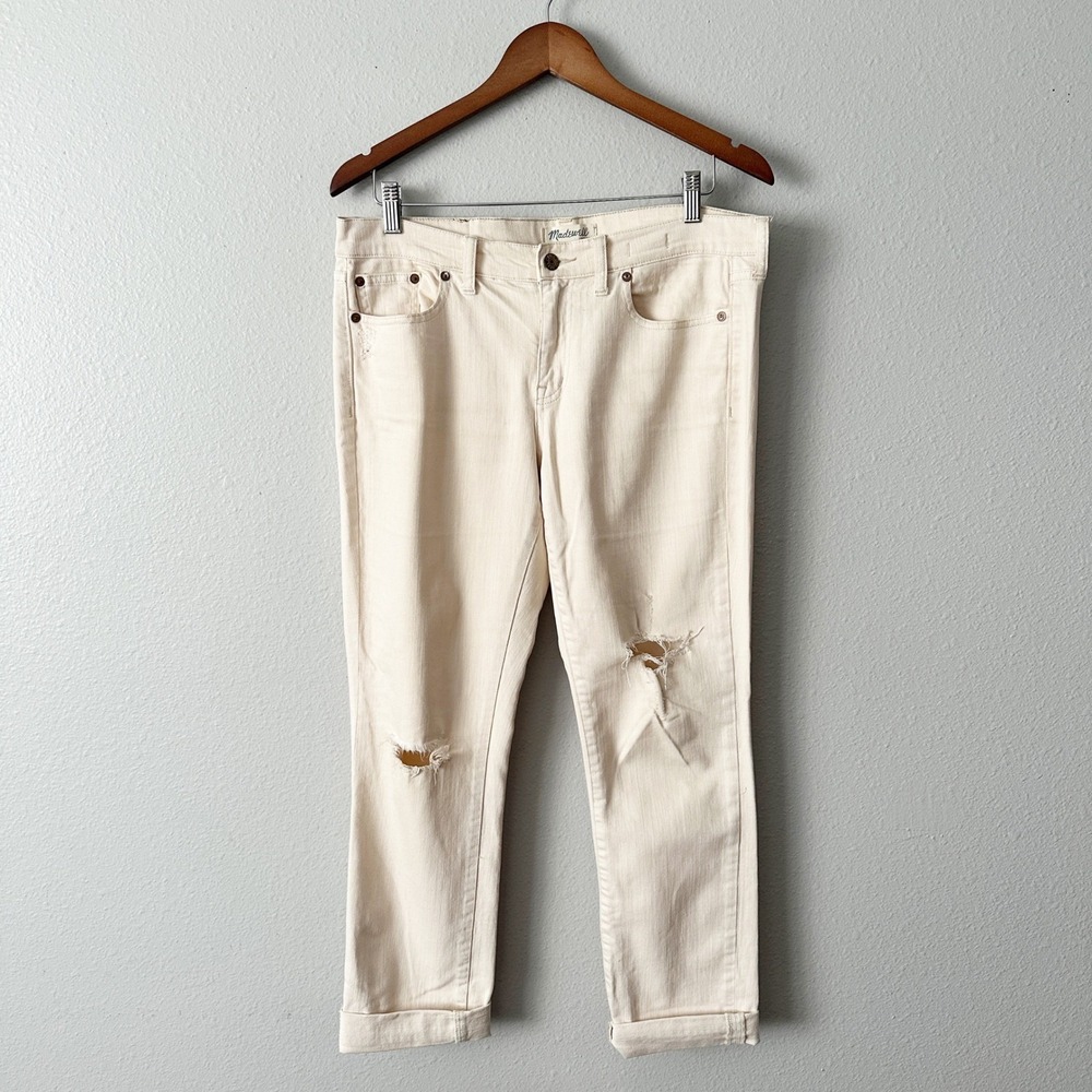 Madewell Distressed Cream Cropped Straight‎ Slim Ankle Leg Jeans Womens Size 28